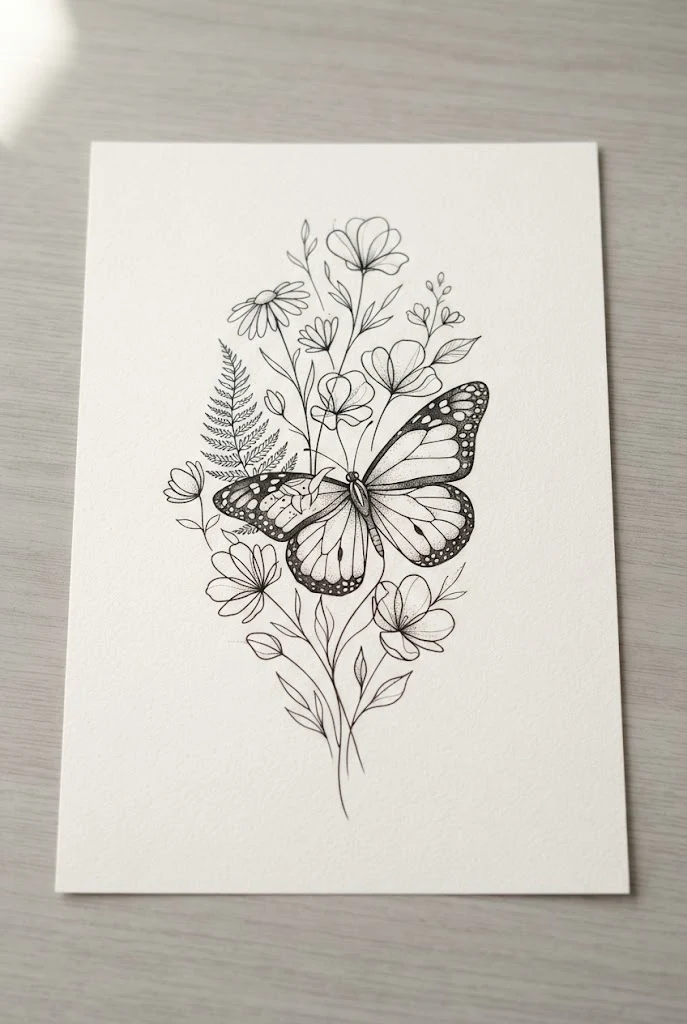 Abstract Line Art Wildflowers and Monarch — butterfly flowers tattoo style outfit