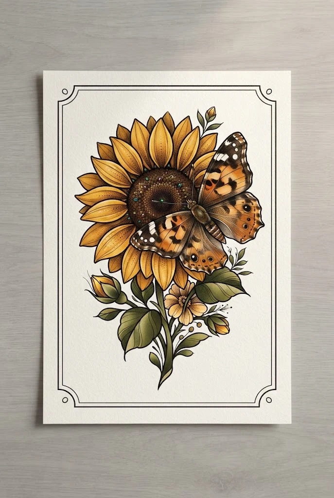 Neo-Traditional Sunflower and Painted Lady — butterfly flowers tattoo style outfit
