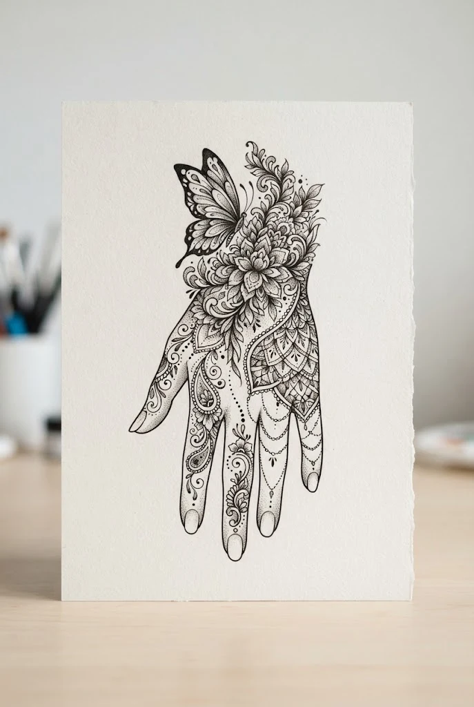 Asymmetrical Hand Cascades — butterfly henna tattoo style outfit
