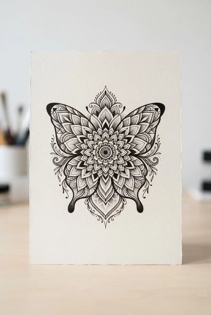 Geometric Mandala Fusion — butterfly henna tattoo style outfit
