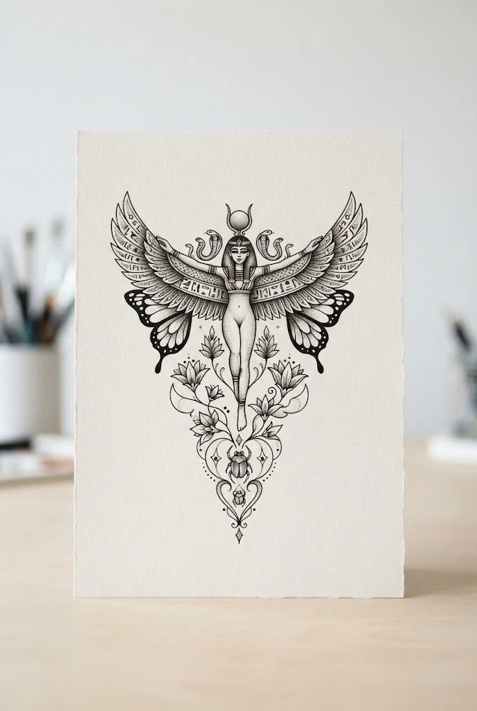 Egyptian-Inspired Winged Deity — butterfly henna tattoo style outfit