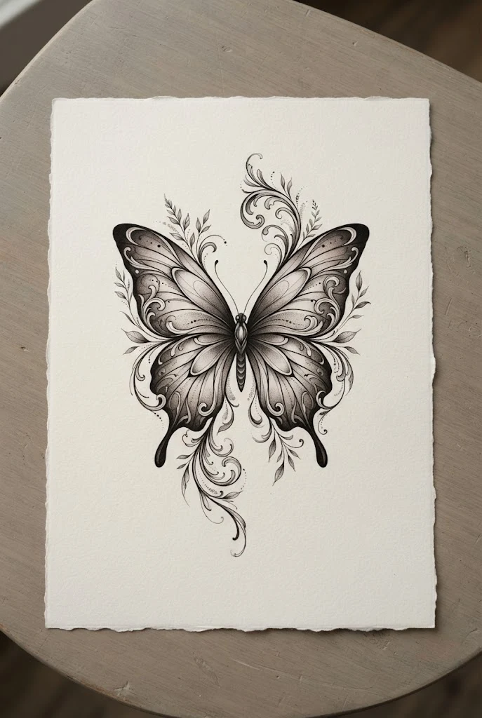 Black and Grey Shaded Flank Elegance — butterfly side tattoo style outfit