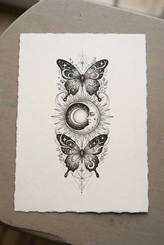 Celestial Moon and Sun Rib Integration — butterfly side tattoo style outfit