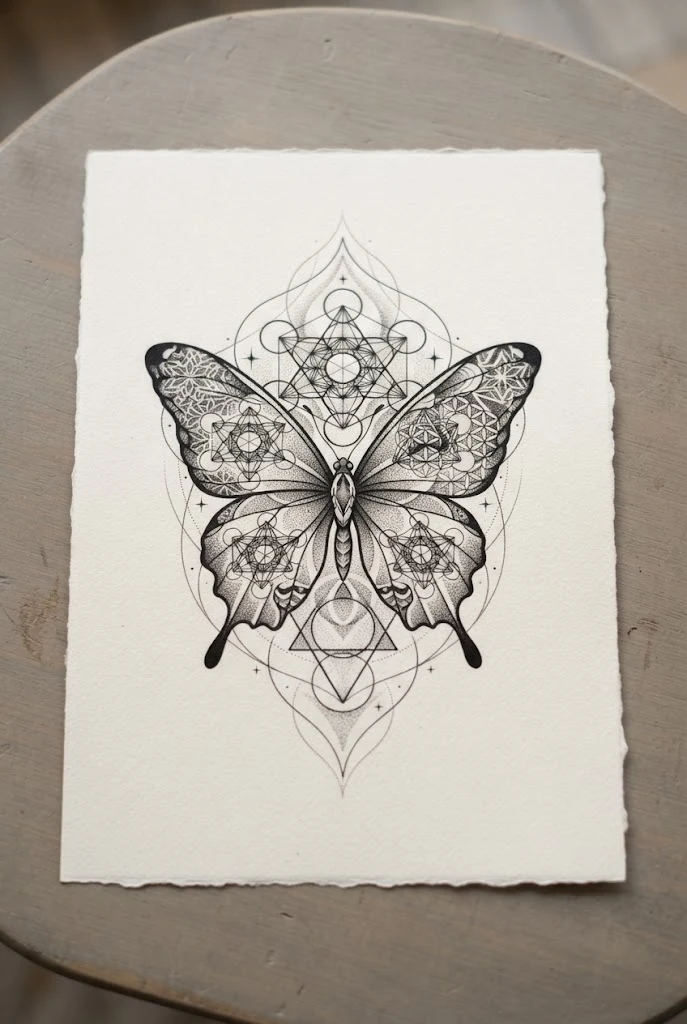 Geometric Sacred Geometry Flank Fusion — butterfly side tattoo style outfit