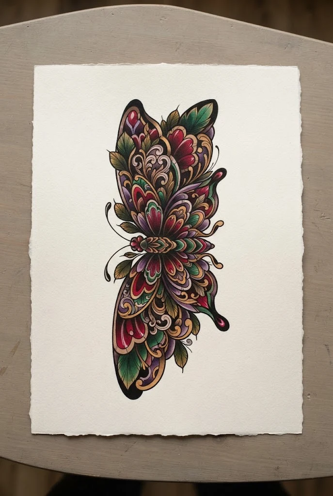 Neo-Traditional Bold Outline Masterpiece — butterfly side tattoo style outfit