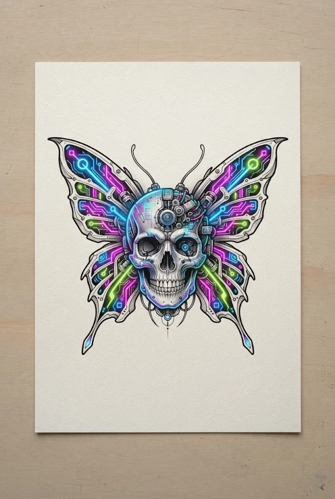 Neon Cybernetic Butterfly Skull Tattoo for Women — Butterfly skull tattoo for women style outfit
