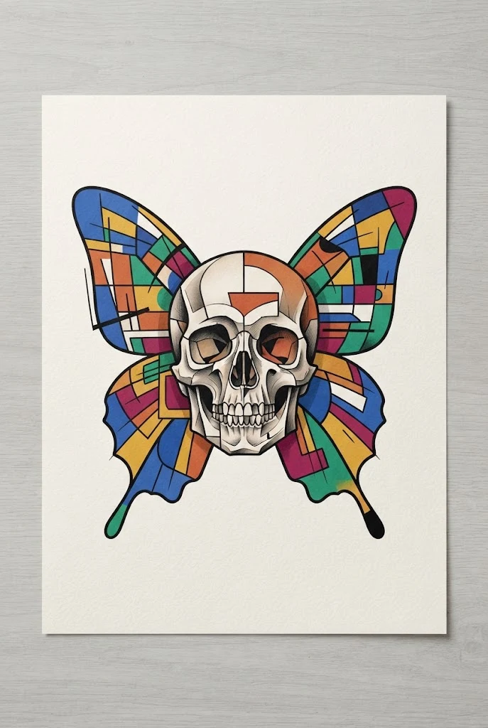 Abstract Picasso-Esque Cubist Butterfly Skull Tattoo — Butterfly skull tattoo for women style outfit