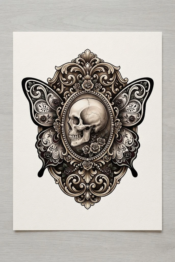 Ornate Victorian Cameo Butterfly Skull Tattoo — Butterfly skull tattoo for women style outfit