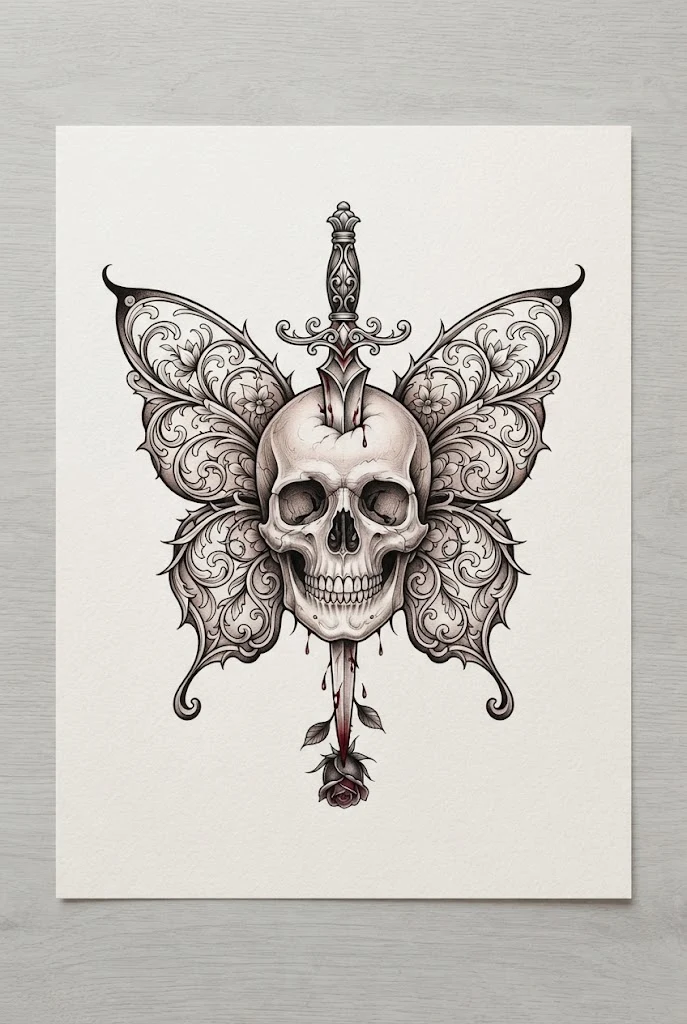 Dagger Pierced Butterfly Skull Tattoo for Women — Butterfly skull tattoo for women style outfit