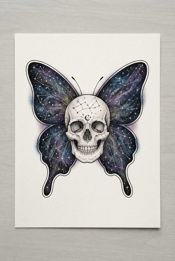 Constellation Stardust Butterfly Skull Tattoo — Butterfly skull tattoo for women style outfit