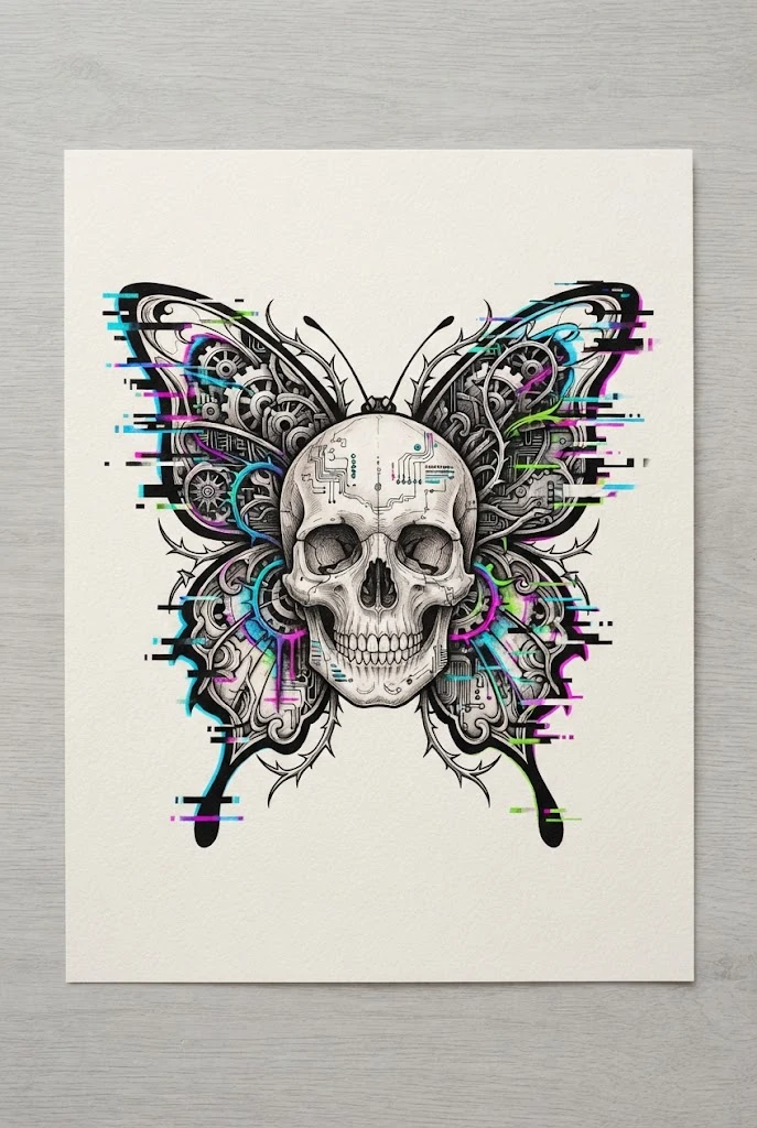 Glitch Art Cyber-Goth Butterfly Skull Tattoo — Butterfly skull tattoo for women style outfit