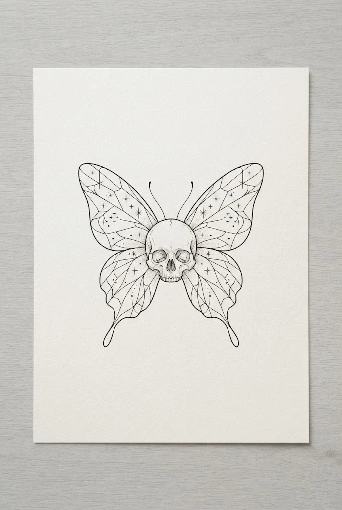 Minimalist Line-Work Butterfly Skull Tattoo Behind the Ear — Butterfly skull tattoo for women style outfit