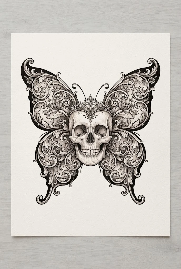 Baroque Filigree Butterfly Skull Tattoo for Women — Butterfly skull tattoo for women style outfit