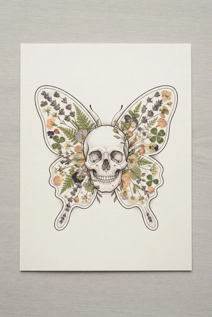 Botanical Pressed Flower Butterfly Skull Tattoo — Butterfly skull tattoo for women style outfit
