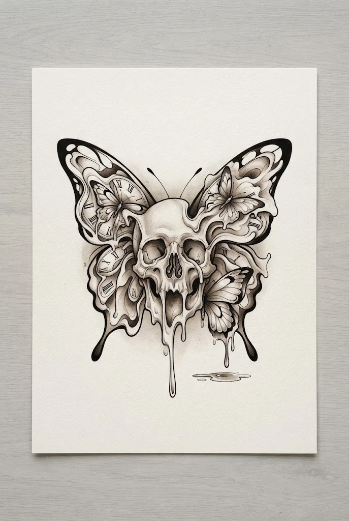 Surrealist Melting Dali-Style Butterfly Skull Tattoo — Butterfly skull tattoo for women style outfit