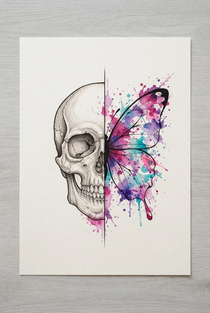 Watercolor Splatter Half Butterfly Half Skull Tattoo — Butterfly skull tattoo for women style outfit