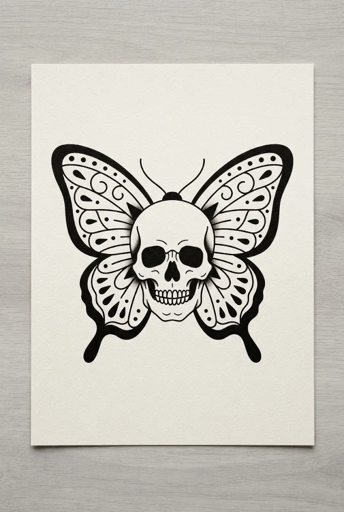 Simple Flash-Style Blackwork Butterfly Skull Tattoo — Butterfly skull tattoo for women style outfit