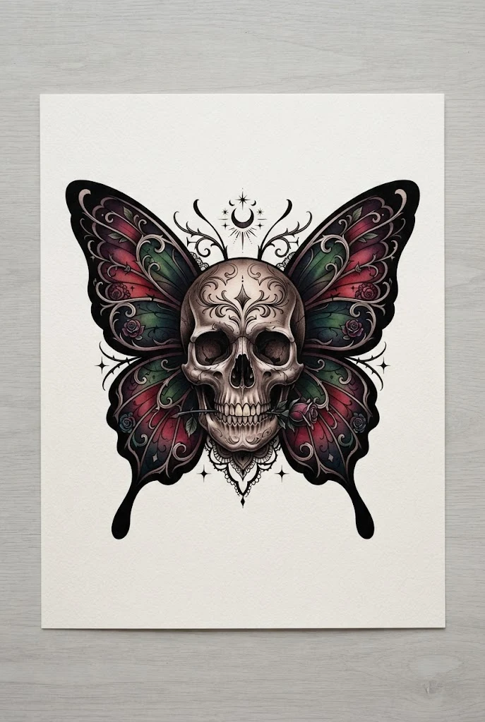 Neo-Traditional Goth Butterfly Skull Tattoo — Butterfly skull tattoo for women style outfit