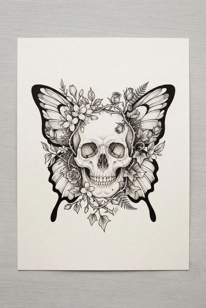 Botanical Garland Butterfly Skull Tattoo for Women — Butterfly skull tattoo for women style outfit