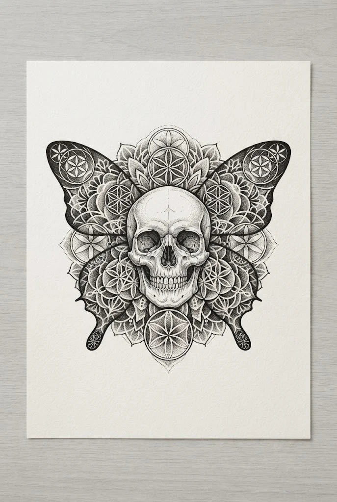Geometric Sacred Mandala Butterfly Skull Tattoo — Butterfly skull tattoo for women style outfit