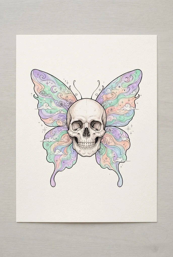 Pastel Dreamscape Butterfly Skull Tattoo for Women — Butterfly skull tattoo for women style outfit