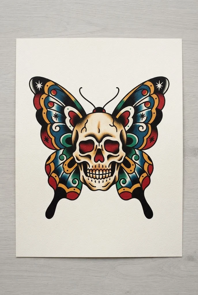 Traditional American Bold-Line Butterfly Skull Tattoo — Butterfly skull tattoo for women style outfit
