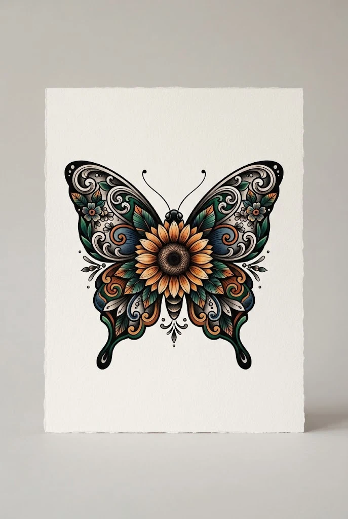 Neo-Traditional Bold Outline — butterfly sunflower tattoo style outfit
