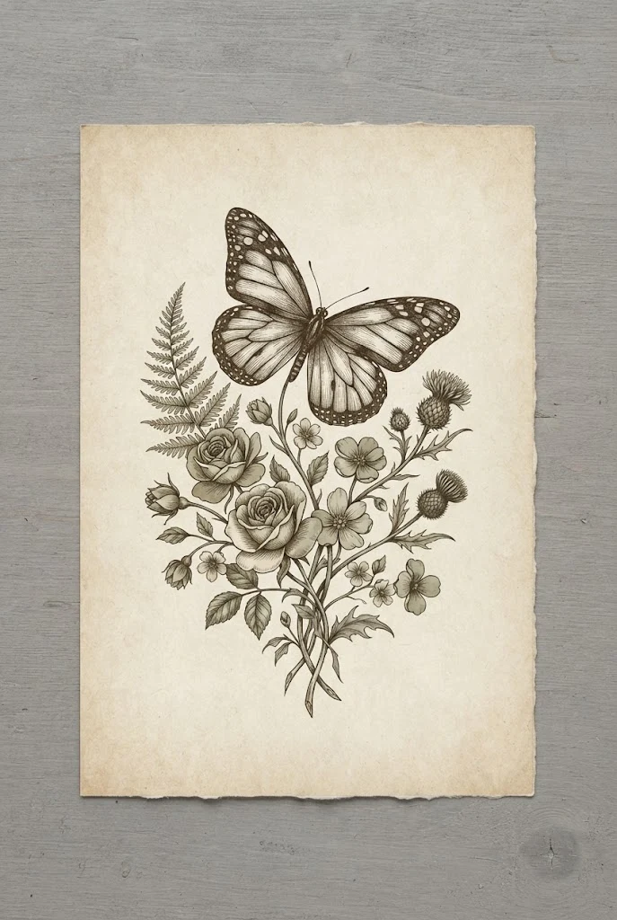 Vintage Botanical Illustration Sketch — butterfly tattoo aesthetic style outfit