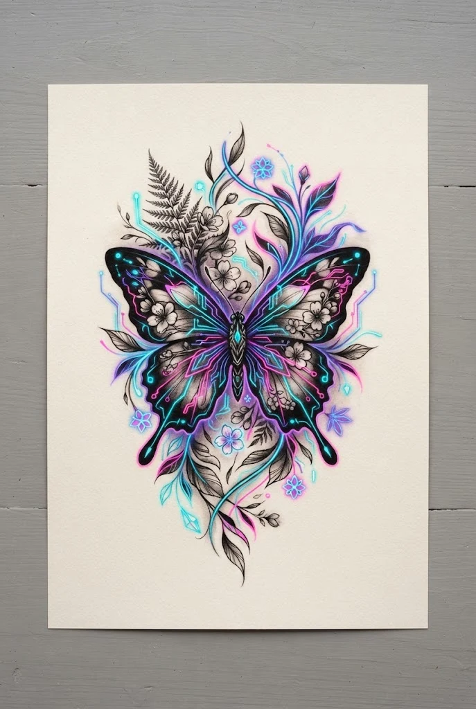 Neon Cyber-Botanical Fusion — butterfly tattoo aesthetic style outfit