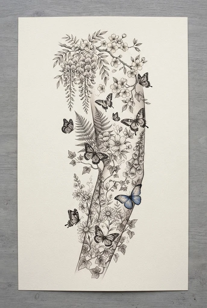 Full Sleeve Botanical Garden — butterfly tattoo aesthetic style outfit