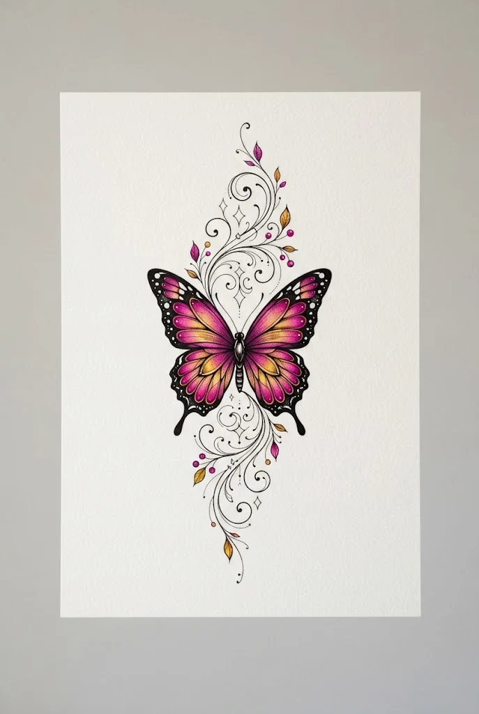Vibrant Magenta and Gold Forearm Piece — butterfly tattoo black women style outfit