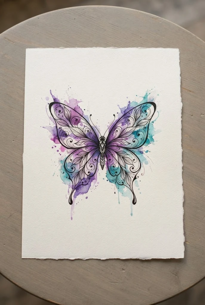 Watercolor Splash Violet and Teal Accent Butterfly Tattoo Designs Drawing — butterfly tattoo designs drawing style outfit