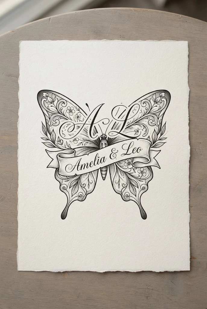 Cursive Banner Rib Monogram Butterfly Tattoo Designs Drawing — butterfly tattoo designs drawing style outfit