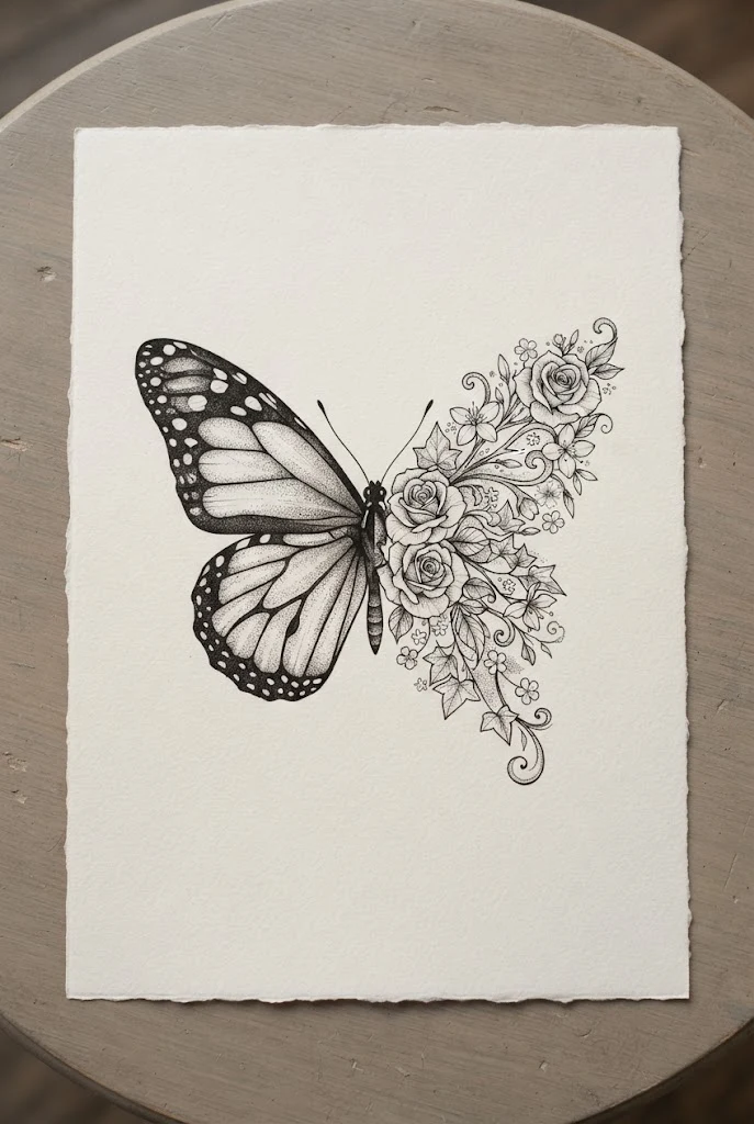 Half-And-Half Split Floral Morph Butterfly Tattoo Designs Drawing — butterfly tattoo designs drawing style outfit