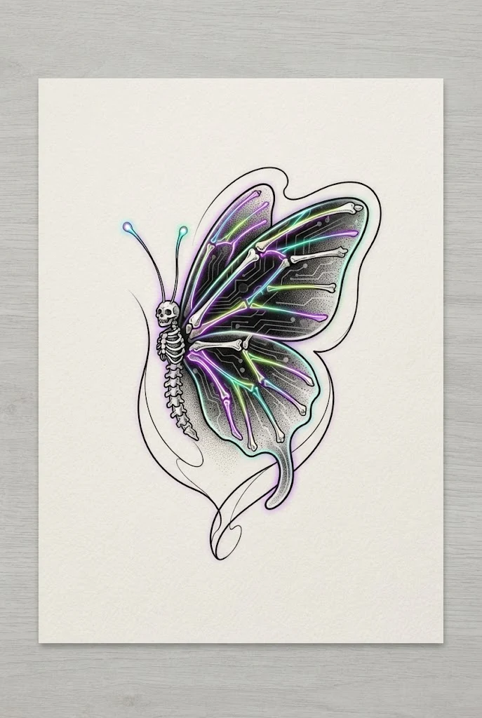Neon Cyber-Punk Skeleton Butterfly Tattoo Behind Ear — butterfly tattoo ear style outfit