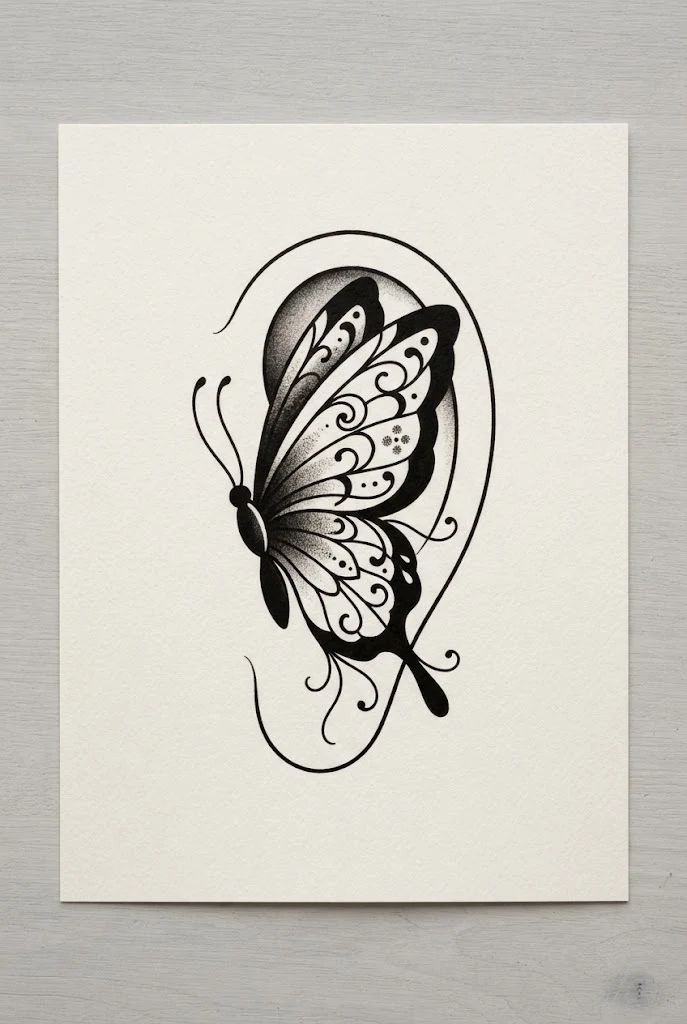 Simple Flash-Style Blackwork Butterfly Tattoo Ear — butterfly tattoo ear style outfit