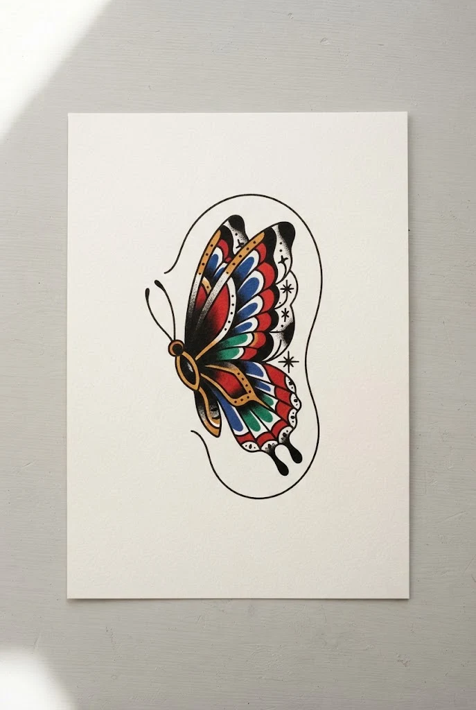 Traditional American Bold-Line Butterfly Tattoo Behind Ear — butterfly tattoo ear style outfit