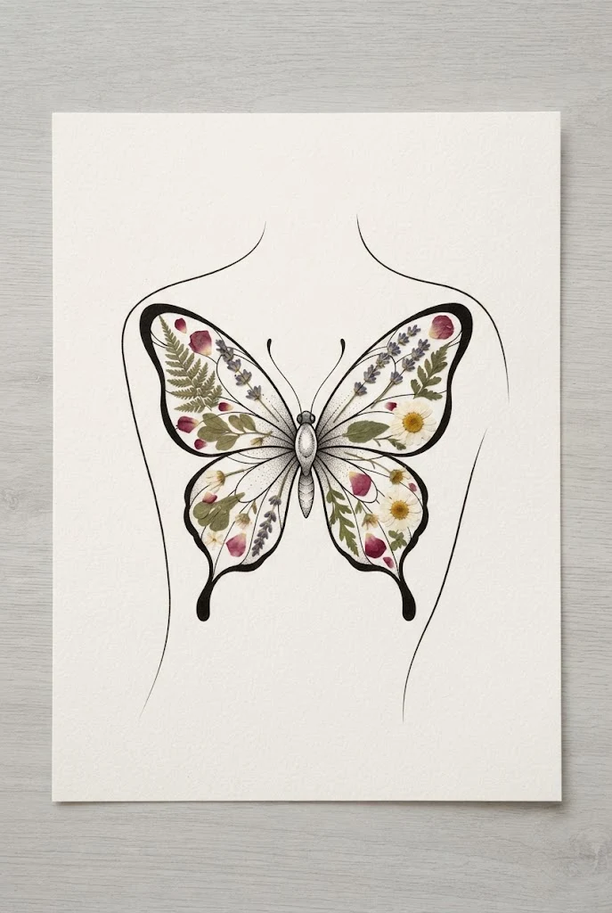 Botanical Pressed Flower Butterfly Tattoo Ideas for Women — butterfly tattoo ideas for women style outfit