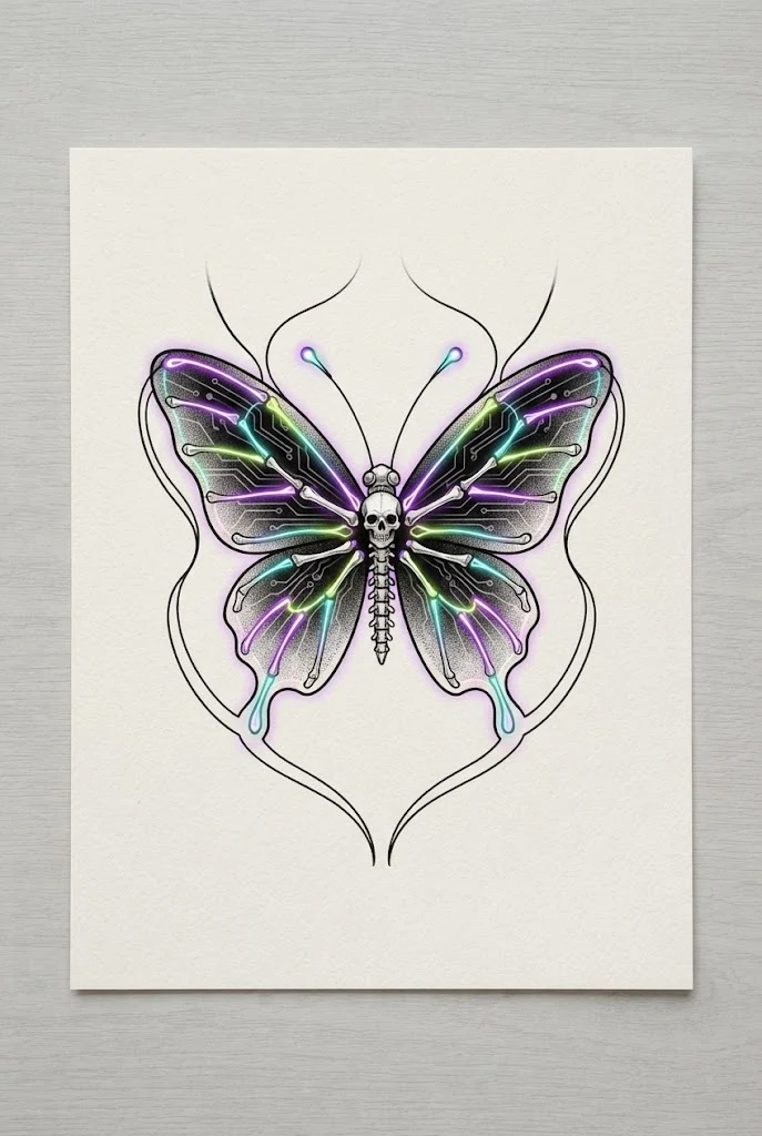 Neon Cyber-Punk Skeleton Butterfly Tattoo Designs for Females — butterfly tattoo ideas for women style outfit
