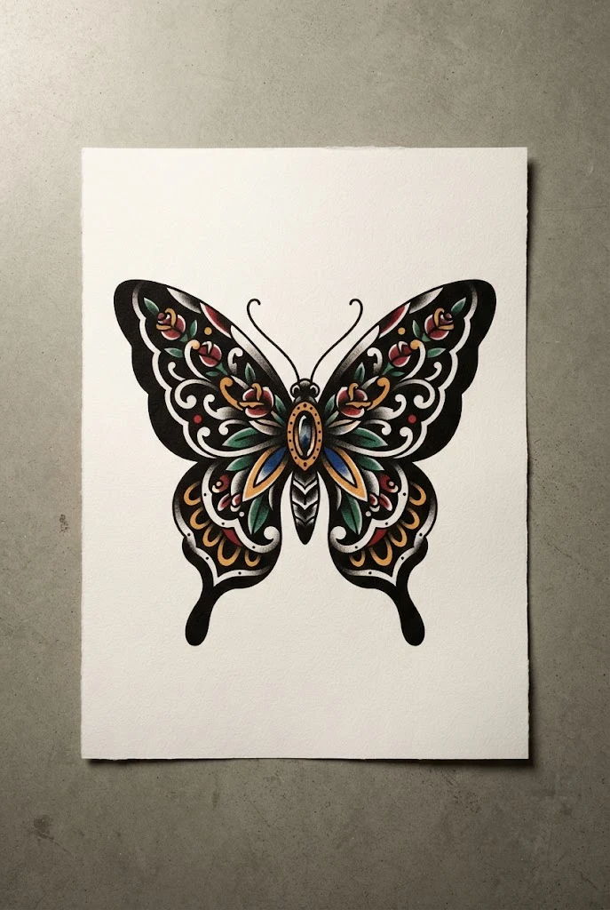 Traditional American Bold-Line Hip Piece — butterfly tattoo waist style outfit