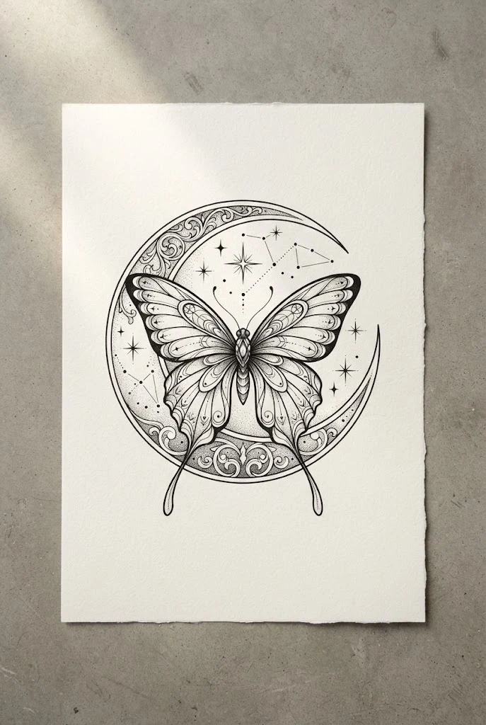 Celestial Moon and Butterfly Lower Back — butterfly tattoo waist style outfit