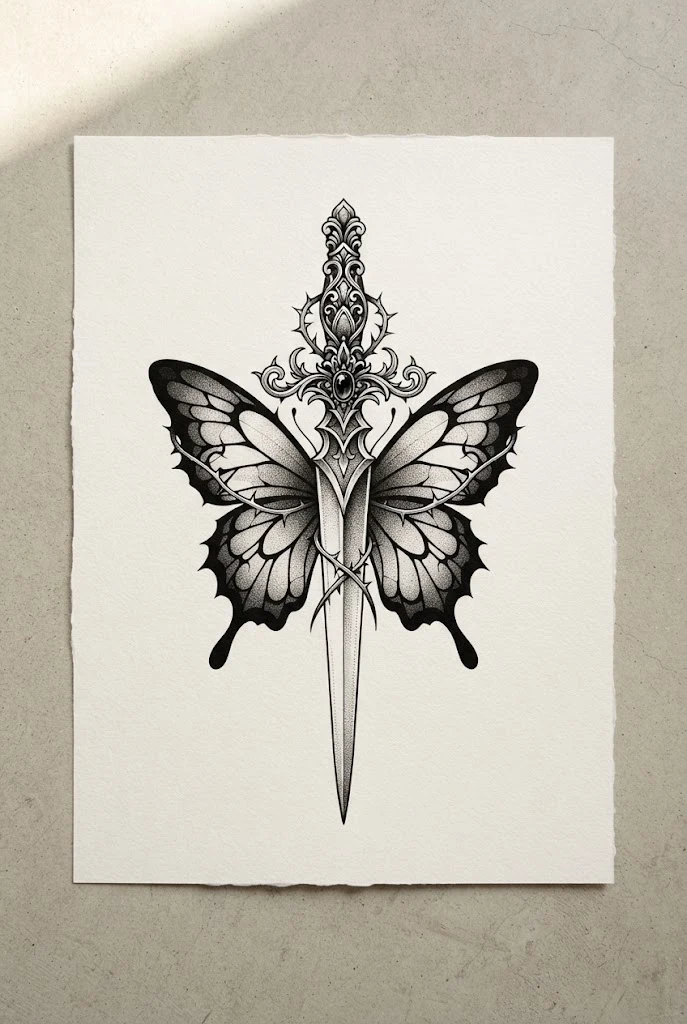 Gothic Dagger and Butterfly Midsection — butterfly tattoo waist style outfit