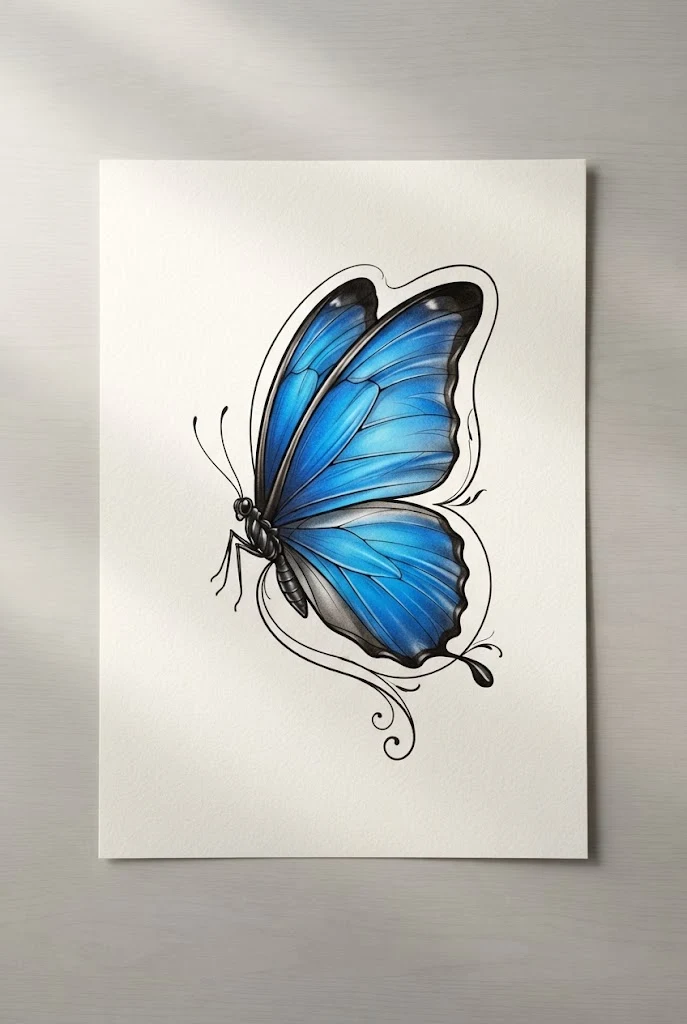 Electric Sapphire Blue Morpho Ink — butterfly tattoo with color style outfit