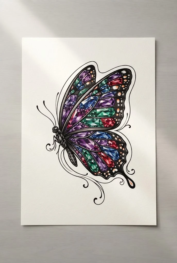 Gemstone Jewel-Tone Wing Masterpiece — butterfly tattoo with color style outfit