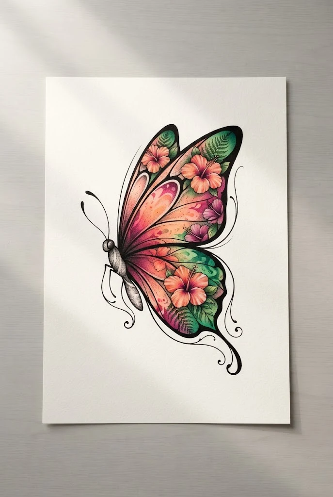 Tropical Hibiscus and Coral Wing Blend — butterfly tattoo with color style outfit