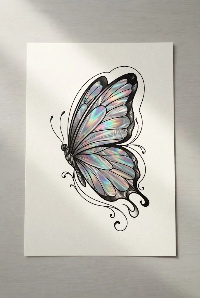 Holographic Iridescent Shimmer Ink — butterfly tattoo with color style outfit