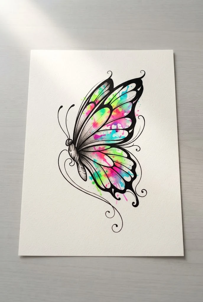 Neon Acid-Wash Splatter Art — butterfly tattoo with color style outfit