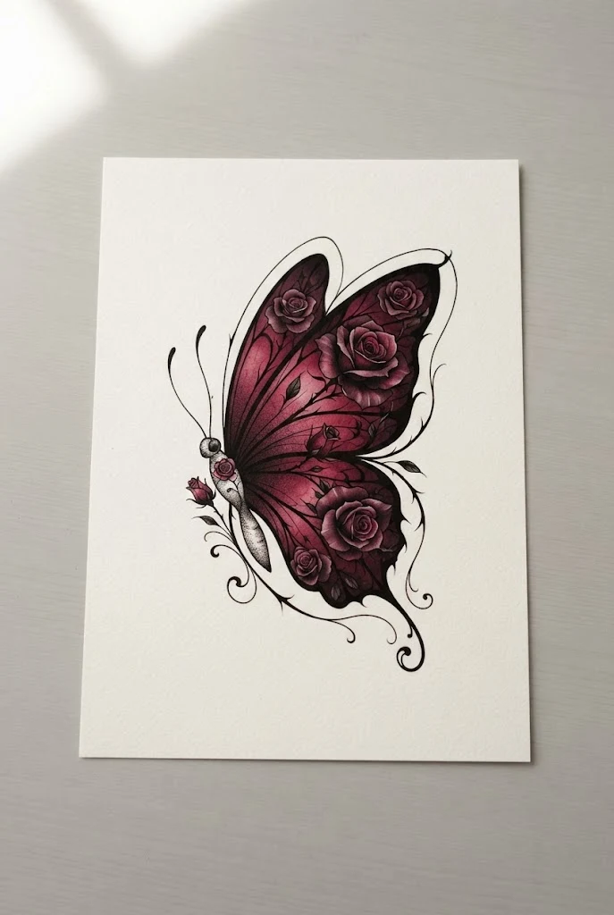Midnight Rose and Crimson Wing Piece — butterfly tattoo with color style outfit