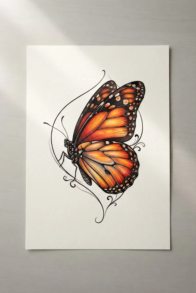 Sunset Orange Monarch Butterfly Tattoo with Colors — butterfly tattoo with color style outfit