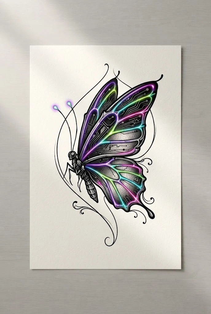 Neon Cyber-Punk Butterfly Tattoo with Color Highlights — butterfly tattoo with color style outfit